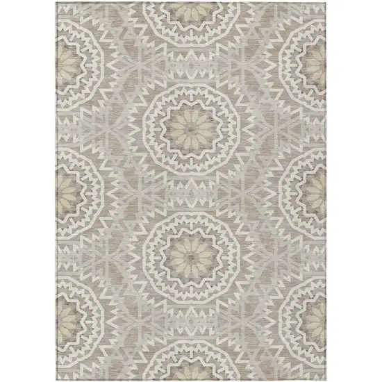 Taupe Khaki And Ivory Floral Medallion Washable Indoor Outdoor Area Rug Photo 2