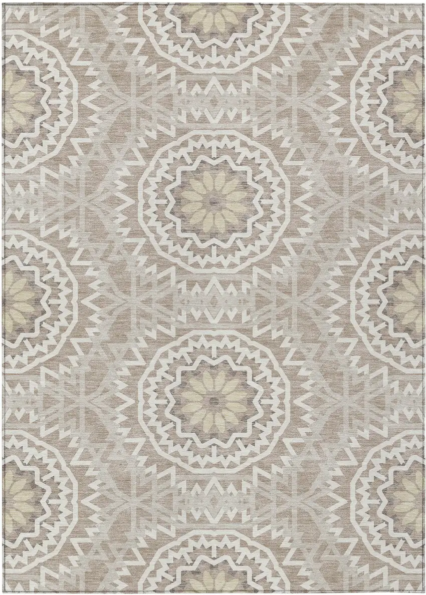 Taupe Khaki And Ivory Floral Medallion Washable Indoor Outdoor Area Rug Photo 2