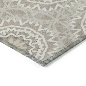 Photo of Taupe Khaki And Ivory Floral Medallion Washable Indoor Outdoor Area Rug