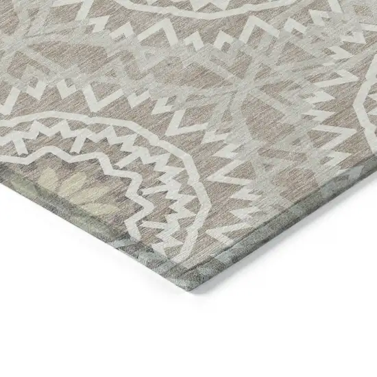 Taupe Khaki And Ivory Floral Medallion Washable Indoor Outdoor Area Rug Photo 4