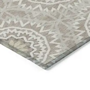 Photo of Taupe Khaki And Ivory Floral Medallion Washable Indoor Outdoor Area Rug