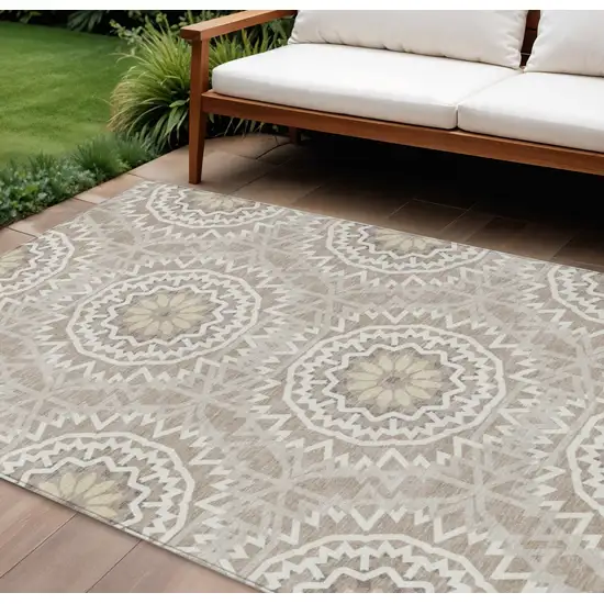 Taupe Khaki And Ivory Floral Medallion Washable Indoor Outdoor Area Rug Photo 1