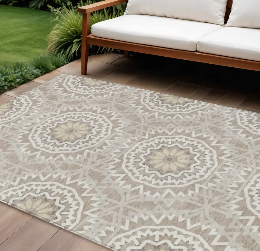 Taupe Khaki And Ivory Floral Medallion Washable Indoor Outdoor Area Rug Photo 1