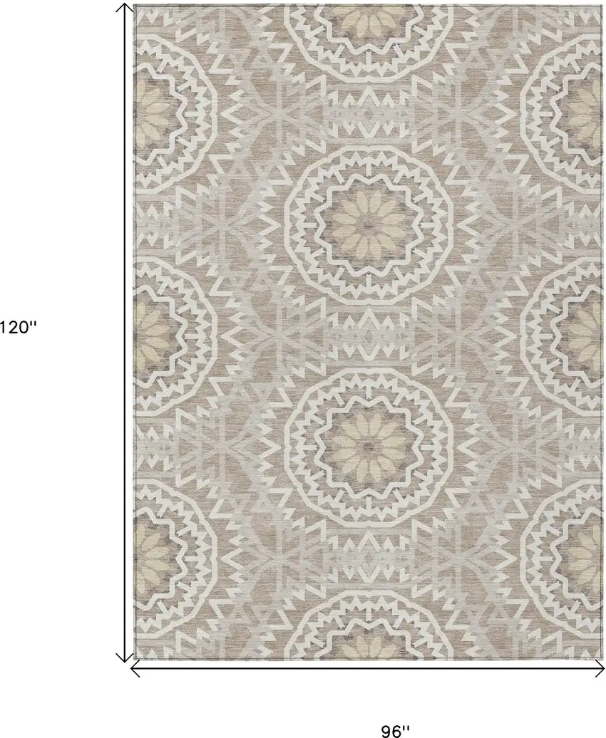 Taupe Khaki And Ivory Floral Medallion Washable Indoor Outdoor Area Rug Photo 3
