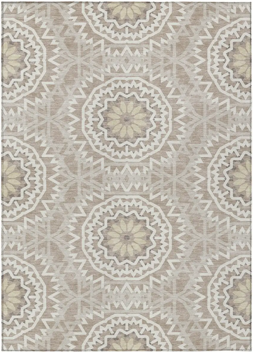 Taupe Khaki And Ivory Floral Medallion Washable Indoor Outdoor Area Rug Photo 2
