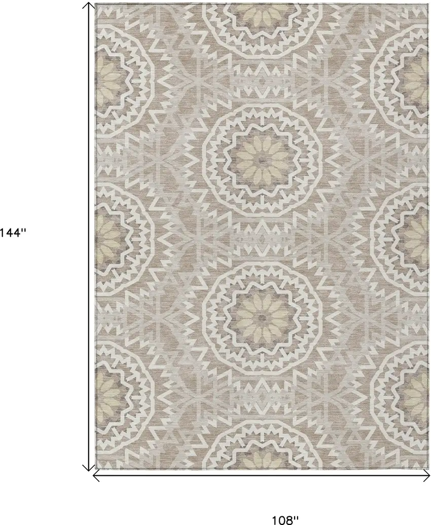 Taupe Khaki And Ivory Floral Medallion Washable Indoor Outdoor Area Rug Photo 3