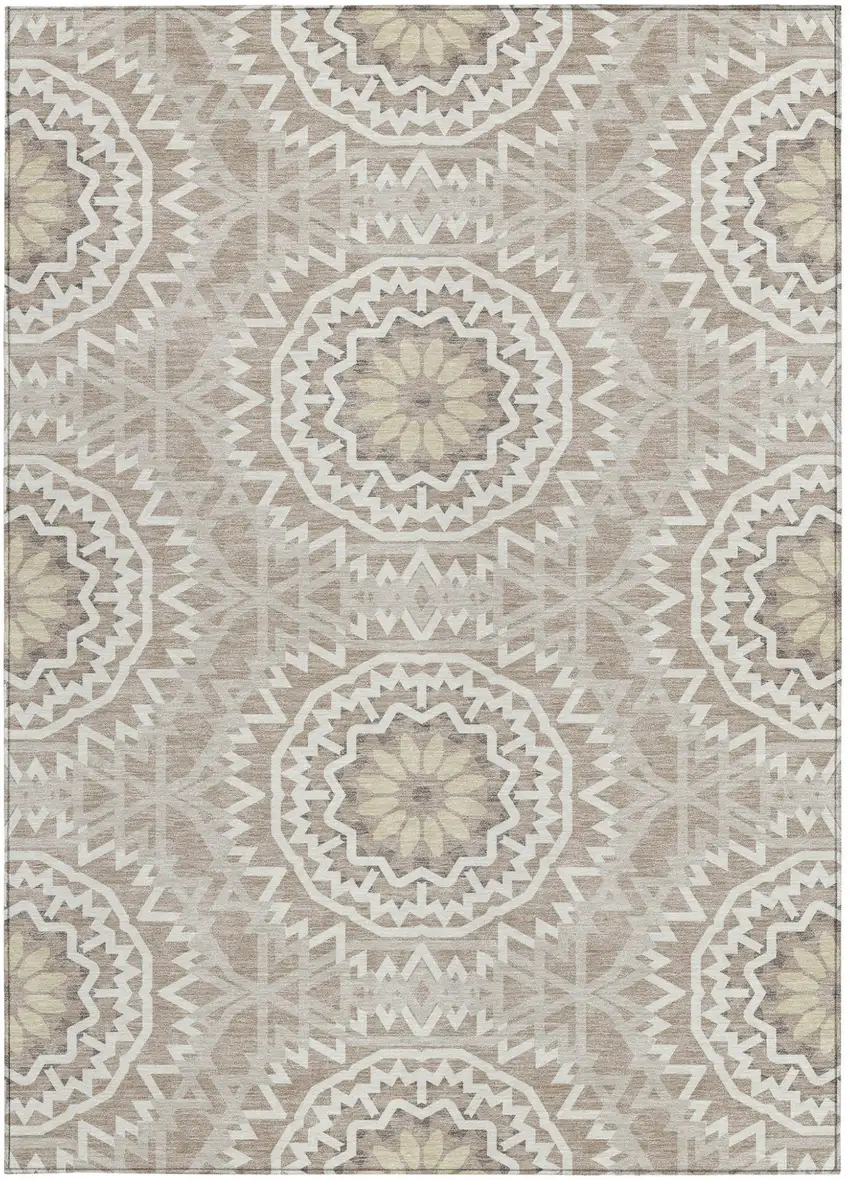 Taupe Khaki And Ivory Floral Medallion Washable Indoor Outdoor Area Rug Photo 5