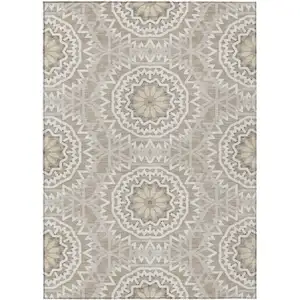Photo of Taupe Khaki And Ivory Floral Medallion Washable Indoor Outdoor Area Rug