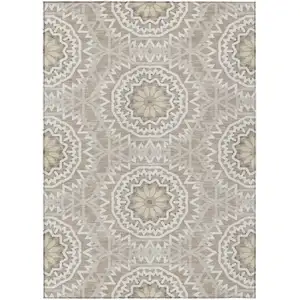 Photo of Taupe Khaki And Ivory Floral Medallion Washable Indoor Outdoor Area Rug