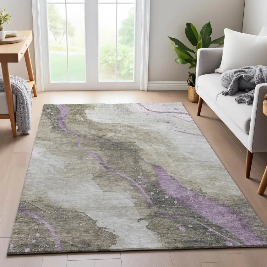 Taupe Lavender And Ivory Abstract Washable Area Rug With UV Protection Photo 5