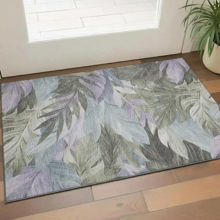 Taupe Lavender And Olive Green Floral Washable Area Rug With UV Protection Photo 2