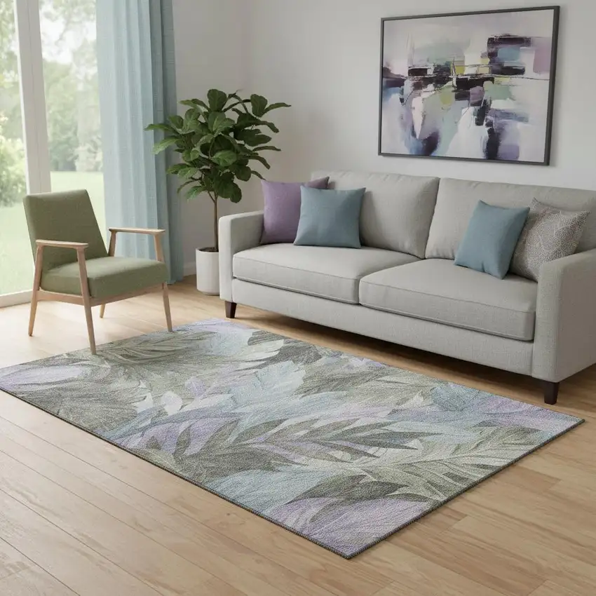 Taupe Lavender And Olive Green Floral Washable Area Rug With UV Protection Photo 2