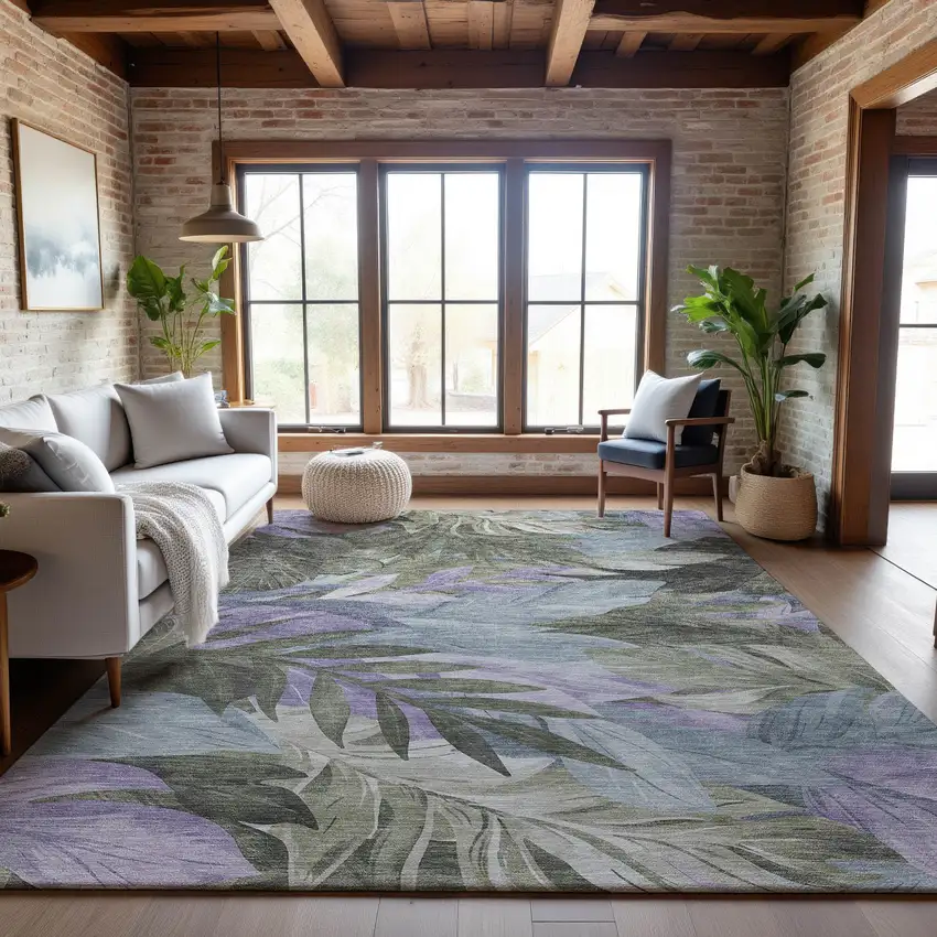 Taupe Lavender And Olive Green Floral Washable Area Rug With UV Protection Photo 5