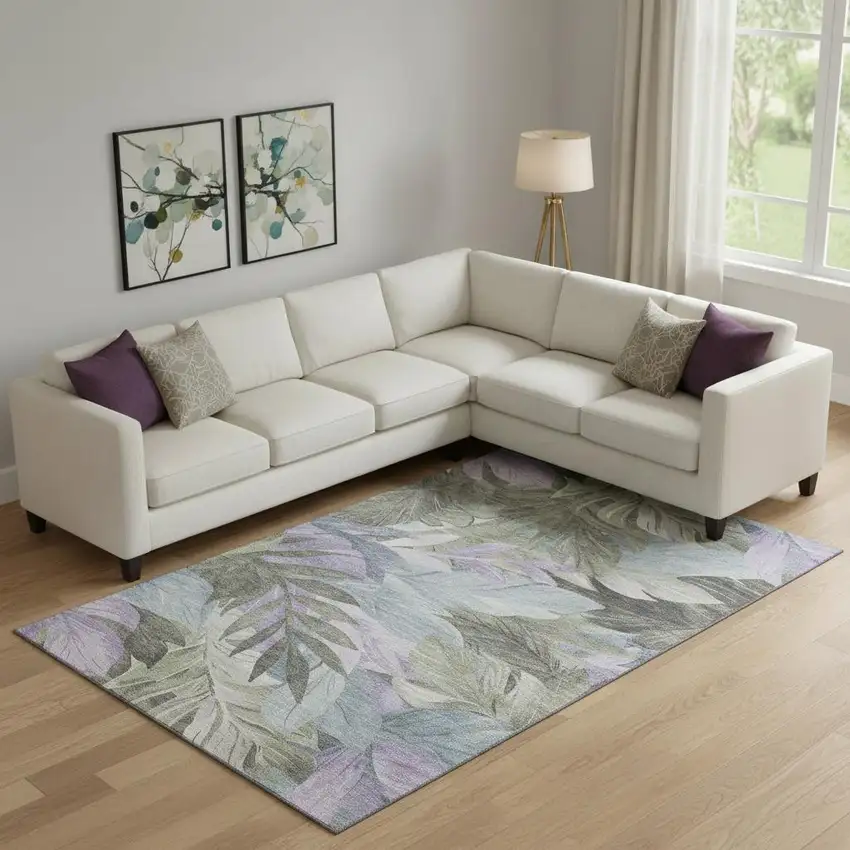 Taupe Lavender And Olive Green Floral Washable Area Rug With UV Protection Photo 2