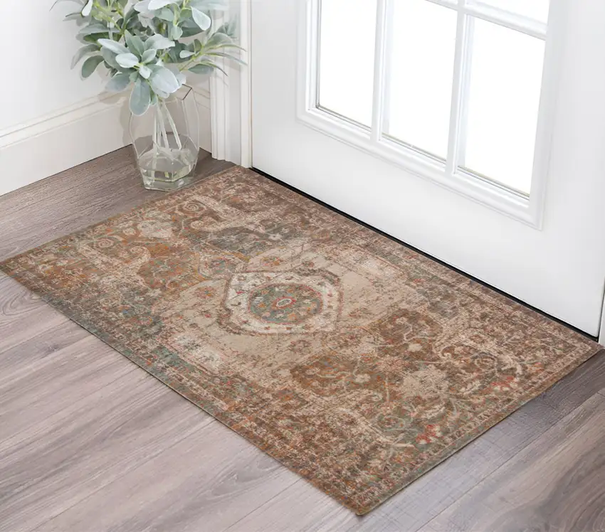 Beige Gray and Taupe Medallion Power Loom Area Rug Photo 1