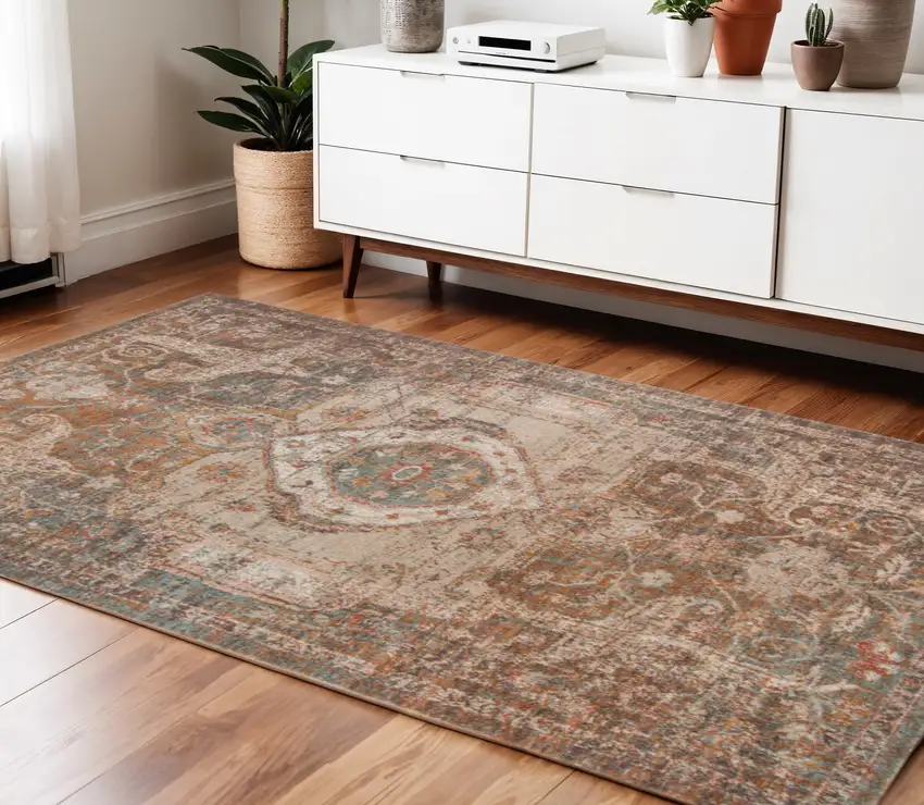 Beige Gray and Taupe Medallion Power Loom Area Rug Photo 1