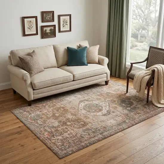 Beige Gray and Taupe Medallion Power Loom Area Rug Photo 1