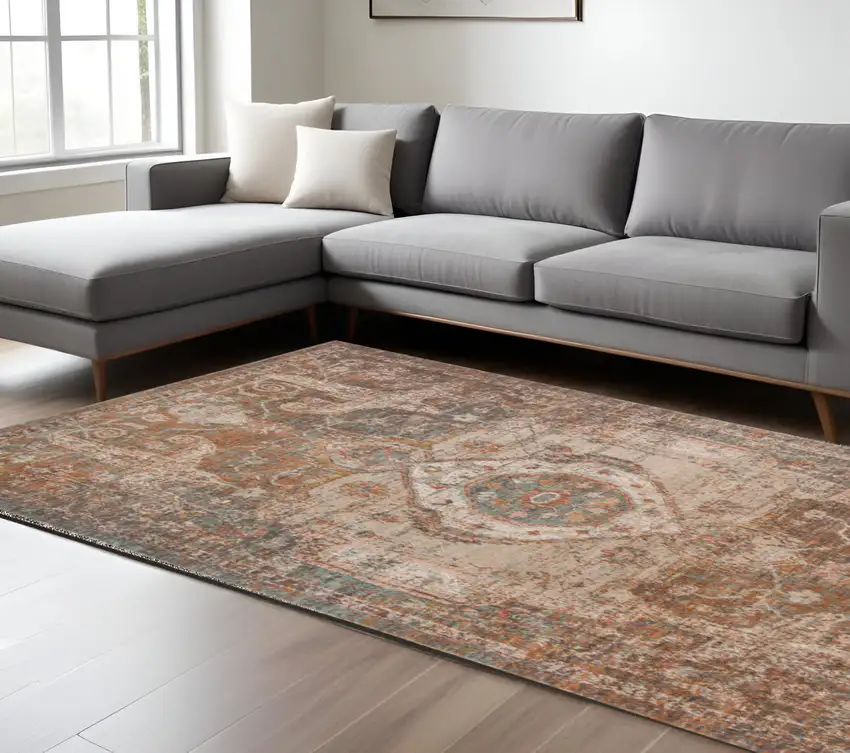 Beige Gray and Taupe Medallion Power Loom Area Rug Photo 1