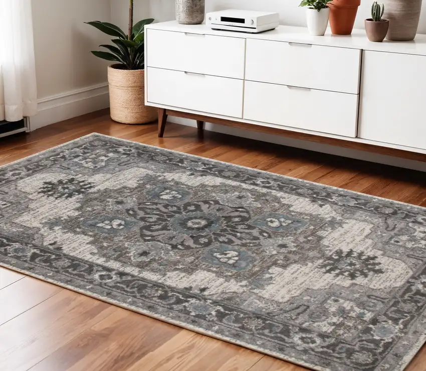 Ivory Taupe and Gray Medallion Power Loom Area Rug Photo 1
