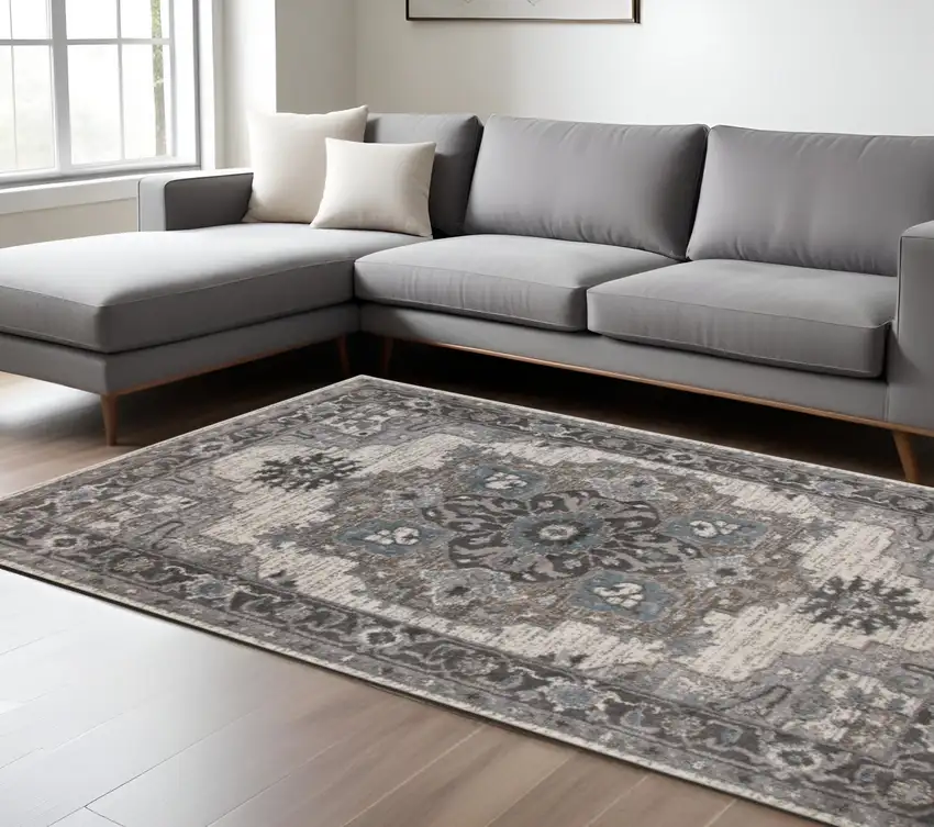 Ivory Taupe and Gray Medallion Power Loom Area Rug Photo 1