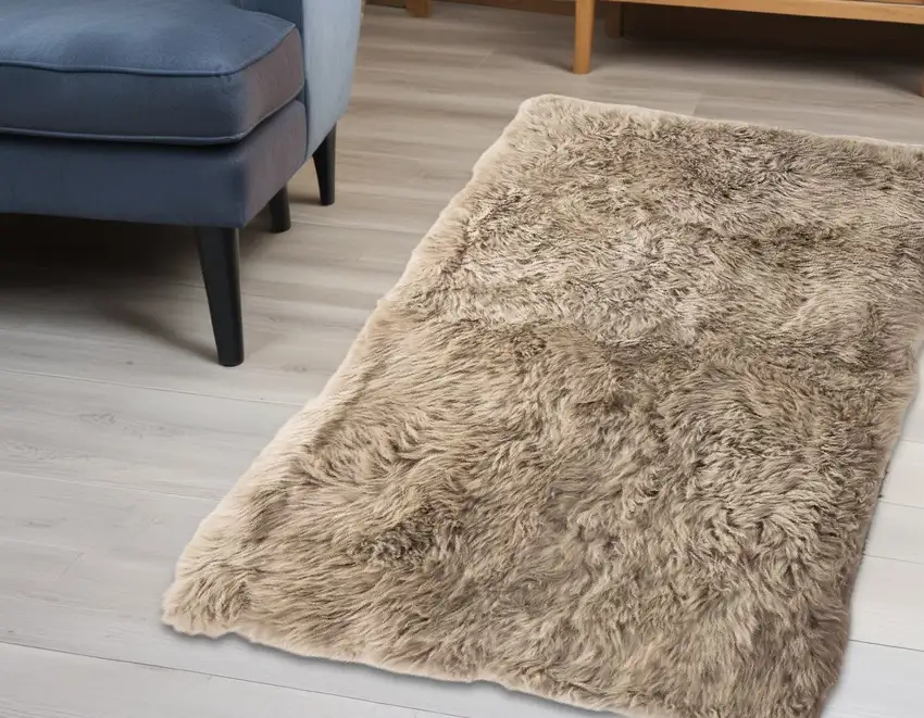 Taupe Natural Rectangular Sheepskin Area Rug Photo 1