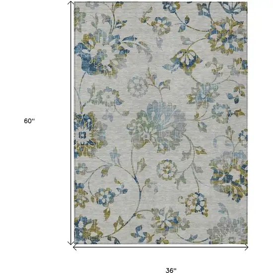Taupe Navy Blue And Denim Blue Floral Washable Indoor Outdoor Area Rug Photo 3