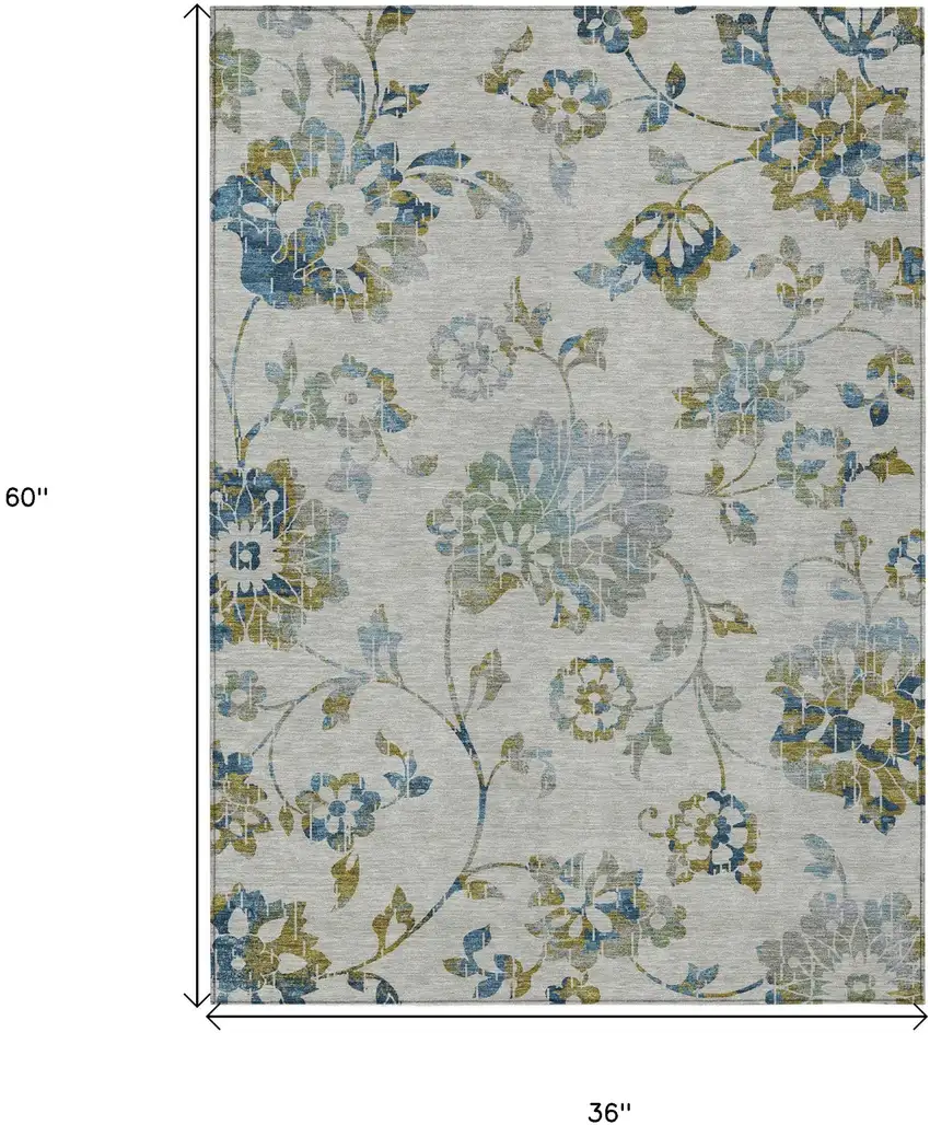 Taupe Navy Blue And Denim Blue Floral Washable Indoor Outdoor Area Rug Photo 3