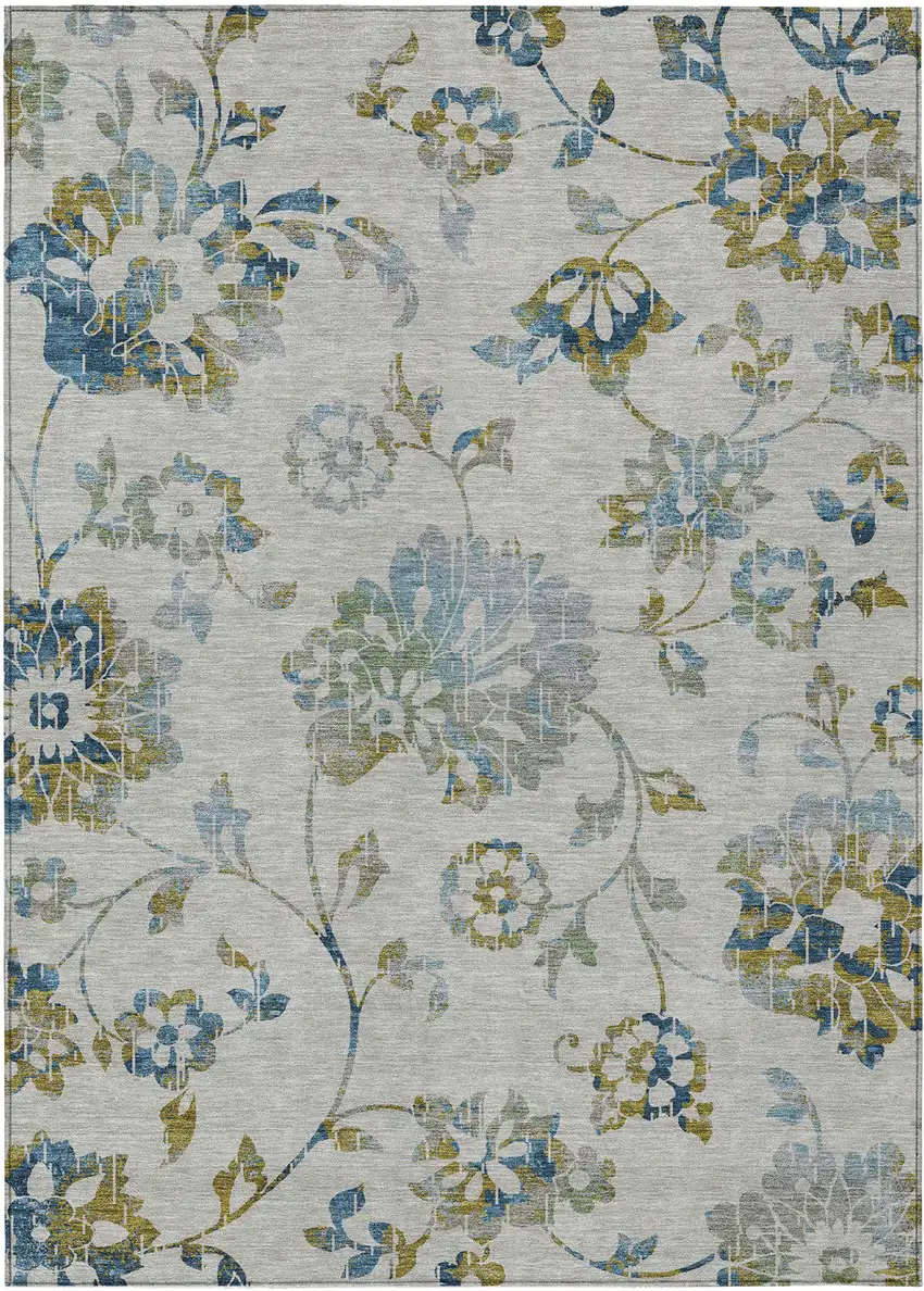 Taupe Navy Blue And Denim Blue Floral Washable Indoor Outdoor Area Rug Photo 2
