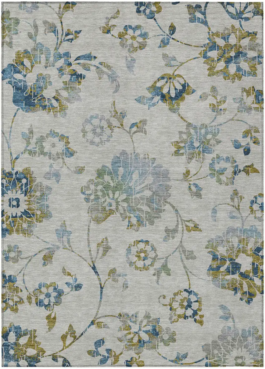 Taupe Navy Blue And Denim Blue Floral Washable Indoor Outdoor Area Rug Photo 2