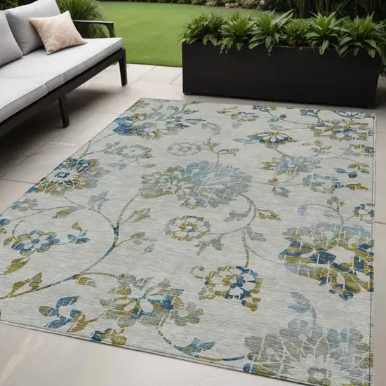 Taupe Navy Blue And Denim Blue Floral Washable Indoor Outdoor Area Rug Photo 1