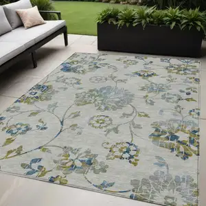 Photo of Taupe Navy Blue And Denim Blue Floral Washable Indoor Outdoor Area Rug