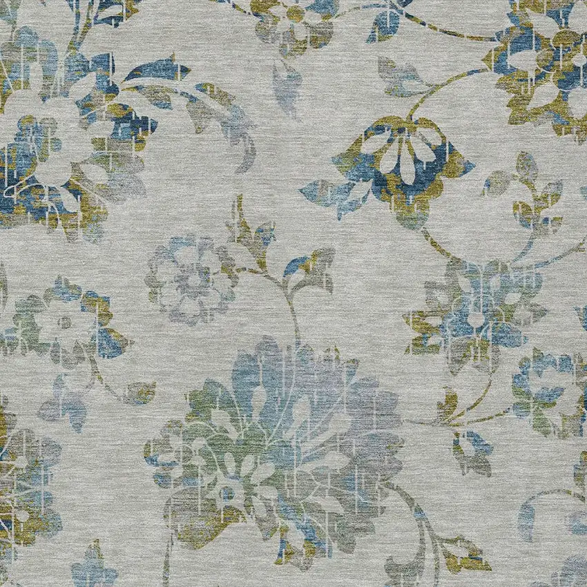 Taupe Navy Blue And Denim Blue Floral Washable Indoor Outdoor Area Rug Photo 7