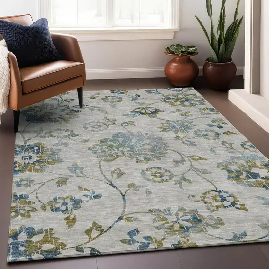 Taupe Navy Blue And Denim Blue Floral Washable Indoor Outdoor Area Rug Photo 9