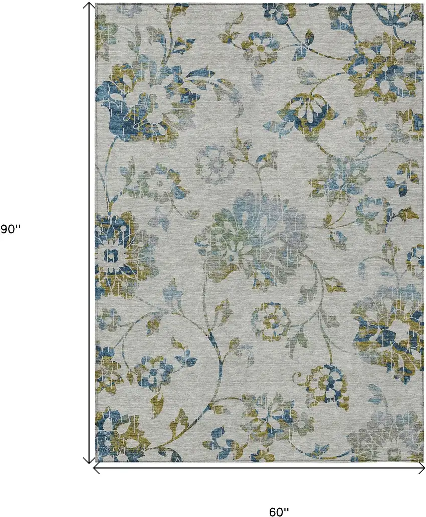 Taupe Navy Blue And Denim Blue Floral Washable Indoor Outdoor Area Rug Photo 3