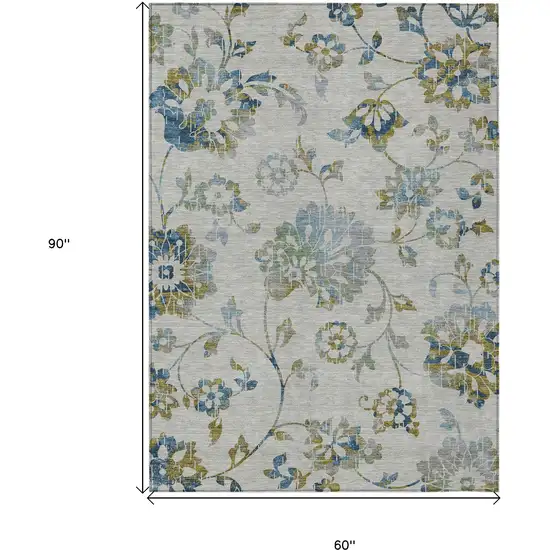 Taupe Navy Blue And Denim Blue Floral Washable Indoor Outdoor Area Rug Photo 3