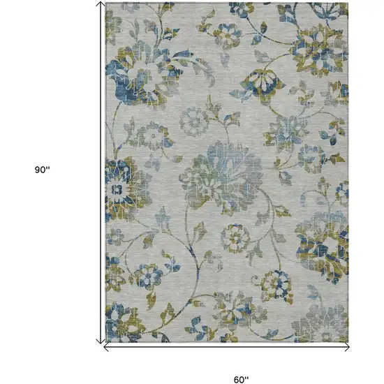 Taupe Navy Blue And Denim Blue Floral Washable Indoor Outdoor Area Rug Photo 3