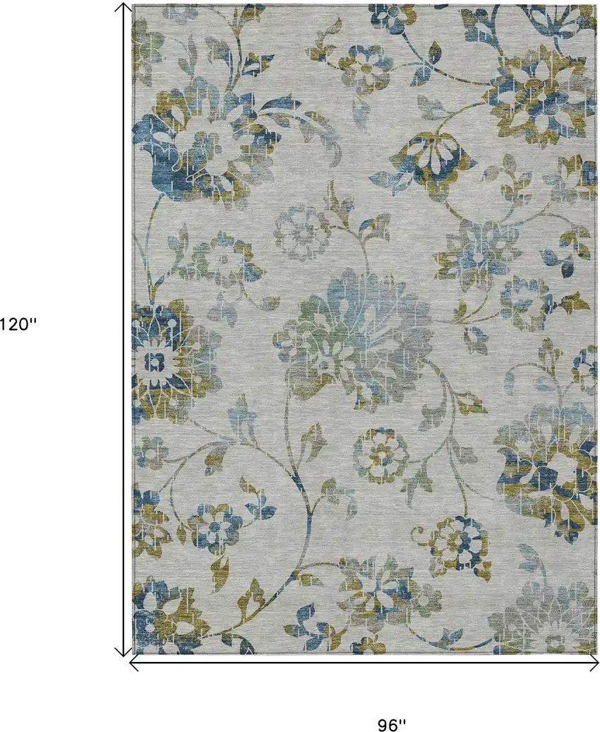 Taupe Navy Blue And Denim Blue Floral Washable Indoor Outdoor Area Rug Photo 3