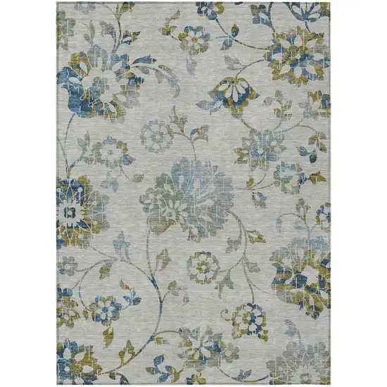 Taupe Navy Blue And Denim Blue Floral Washable Indoor Outdoor Area Rug Photo 2
