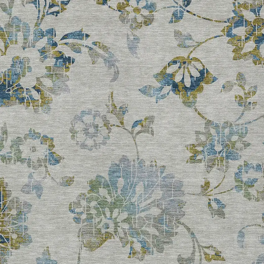 Taupe Navy Blue And Denim Blue Floral Washable Indoor Outdoor Area Rug Photo 7