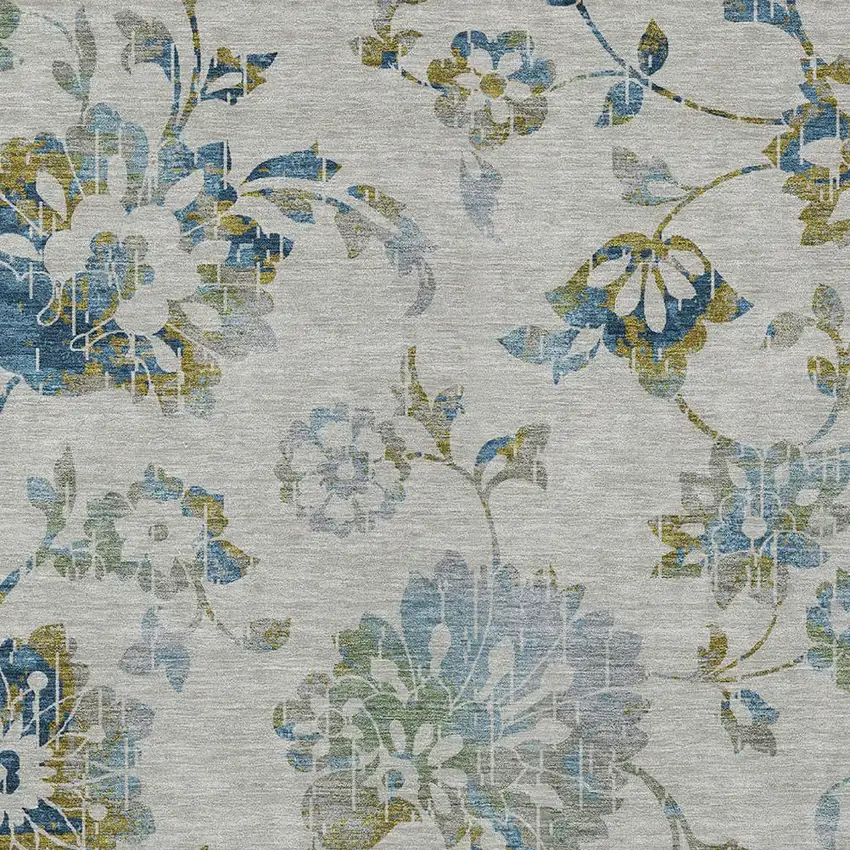 Taupe Navy Blue And Denim Blue Floral Washable Indoor Outdoor Area Rug Photo 7