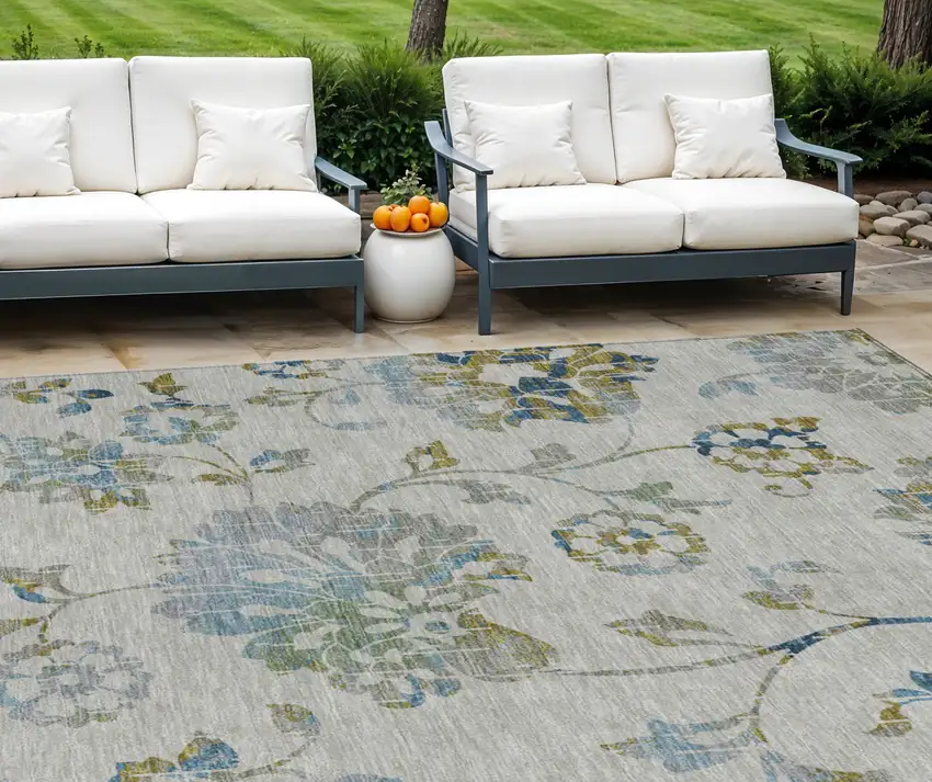 Taupe Navy Blue And Denim Blue Floral Washable Indoor Outdoor Area Rug Photo 1