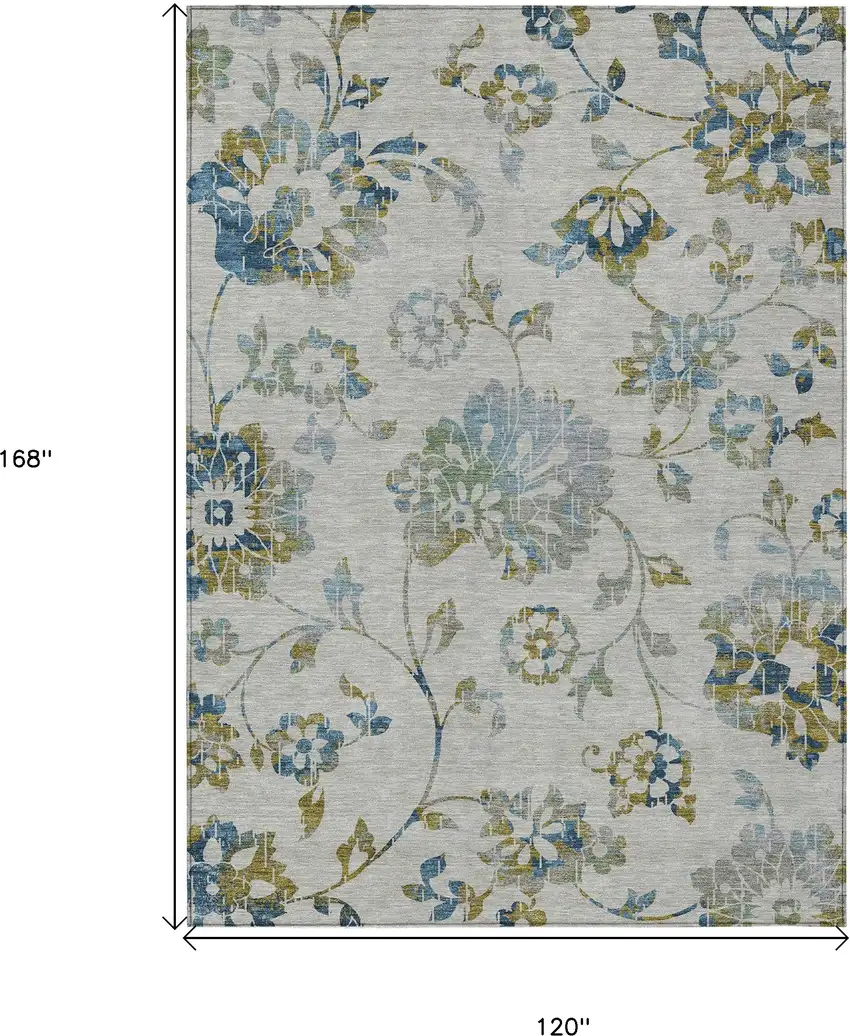Taupe Navy Blue And Denim Blue Floral Washable Indoor Outdoor Area Rug Photo 3