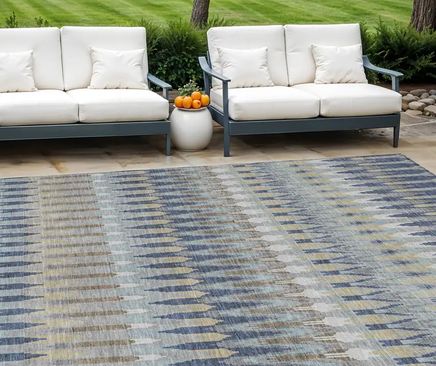 Taupe Navy Blue And Denim Blue Southwestern Washable Indoor Outdoor Area Rug Photo 1