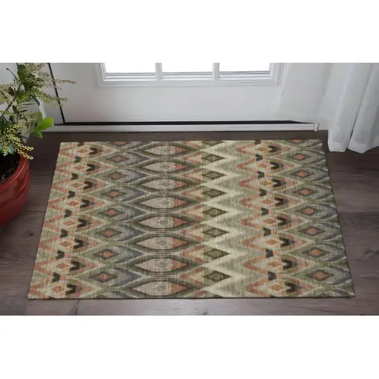 Taupe Olive Green And Beige Southwestern Washable Area Rug With UV Protection Photo 2