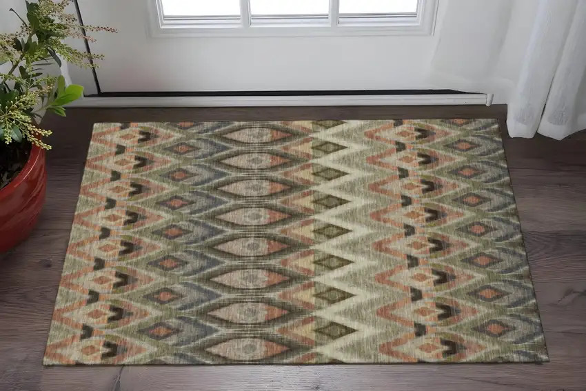 Taupe Olive Green And Beige Southwestern Washable Area Rug With UV Protection Photo 2