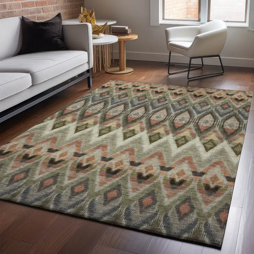 Taupe Olive Green And Beige Southwestern Washable Area Rug With UV Protection Photo 4