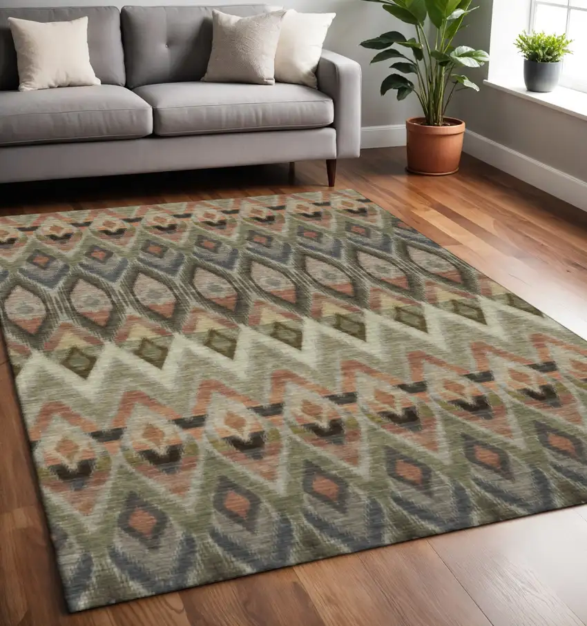Taupe Olive Green And Beige Southwestern Washable Area Rug With UV Protection Photo 2