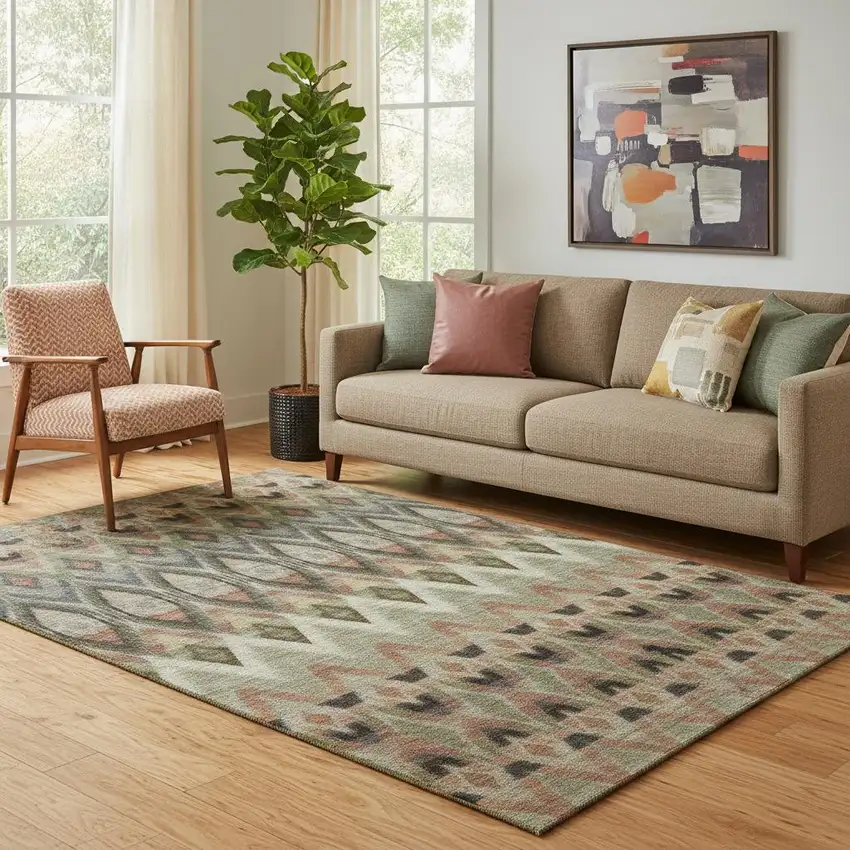 Taupe Olive Green And Beige Southwestern Washable Area Rug With UV Protection Photo 1