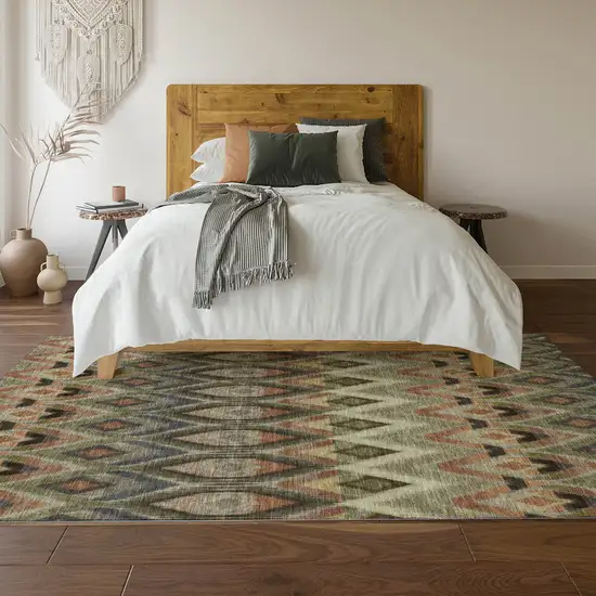 Taupe Olive Green And Beige Southwestern Washable Area Rug With UV Protection Photo 6