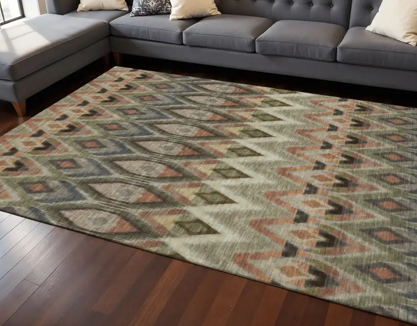 Taupe Olive Green And Beige Southwestern Washable Area Rug With UV Protection Photo 2